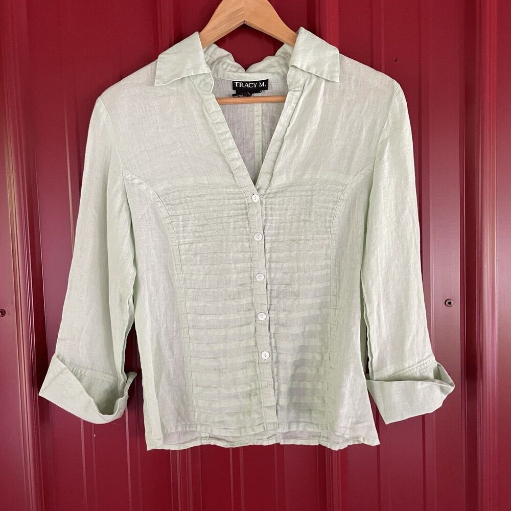 Tracey M Top Linen V Neck Pullover 3/4‎ Sleeve Blouse Lightweight Womens Medium